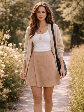 Free People Faux Wrap Mini Skirt S/P Ribbed Knit Boho Neutral